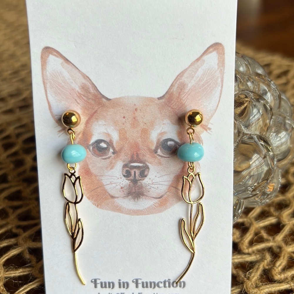 Spring tulip and robin egg 18k gold plated earrings handmade by me. Easter Gift